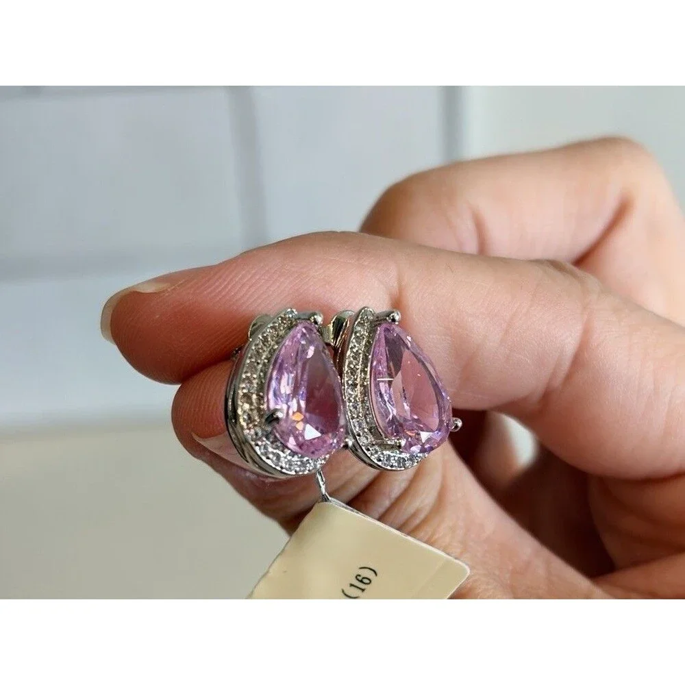 925 Sterling Silver Halo Tear Drop Pink Lap Sapphire Stud Earrings White CZ